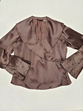 Dana Buchman 100% Silk Blouse Vintage Chocolate Brown Pleated Bell Cuff Wrap